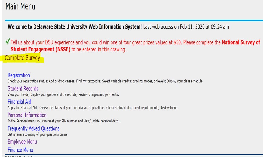 Delaware State's LMS with link to NSSE survey